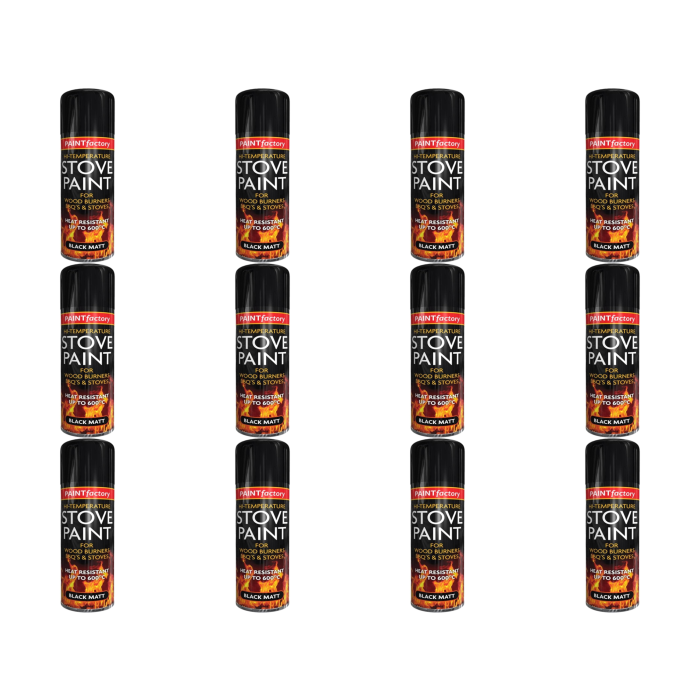 Paint Factory Stove Paint Heat Resistant Matt Black Spray 400ML - Pack of 12