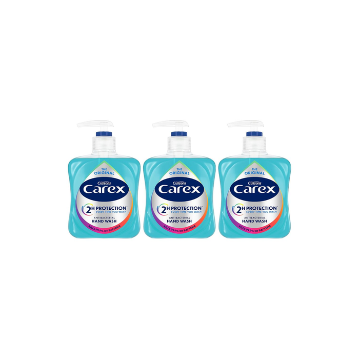 Cussons Carex Original Antibacterial Hand Wash 250ml bottle next to a bathroom sink
