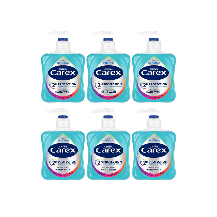 Cussons Carex Original Antibacterial Hand Wash 250ml bottle next to a bathroom sink
