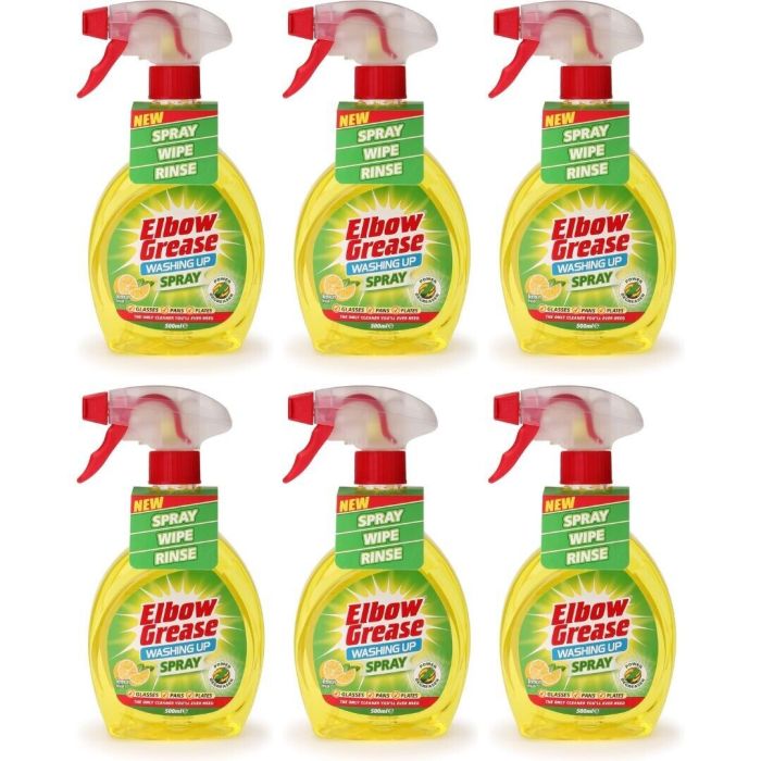 Elbow Grease Lemon Washing Up Liquid Spray 500ml bottle beside a kitchen sink
