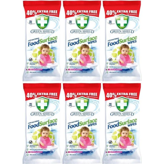 Green Shield Food Surface Wipes Anti-Bacterial 70 Wipes - Pack of 6