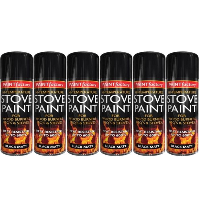 Paint Factory Stove Paint Heat Resistant Matt Black Spray 400ML - Pack of 6