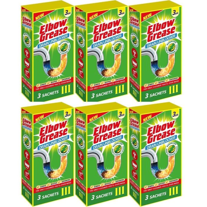 Elbow Grease Drain Unblocker Sachets 3 x 25g pack on a bathroom shelf
