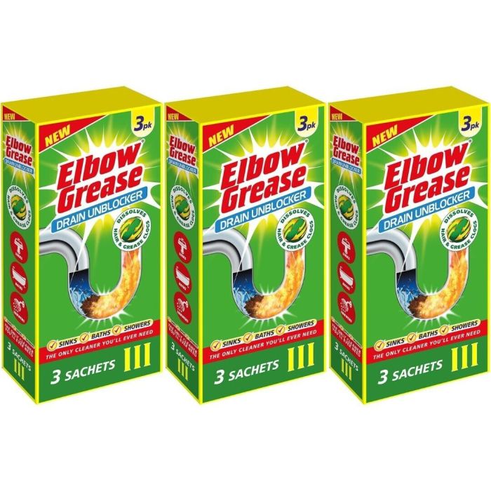 Elbow Grease Drain Unblocker Sachets 3 x 25g pack on a bathroom shelf
