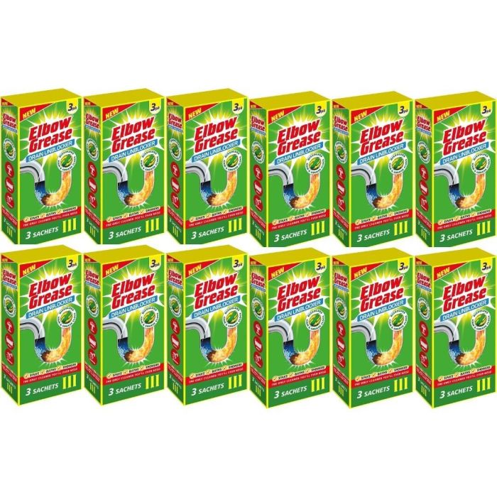 Elbow Grease Drain Unblocker Sachets 3 x 25g pack on a bathroom shelf
