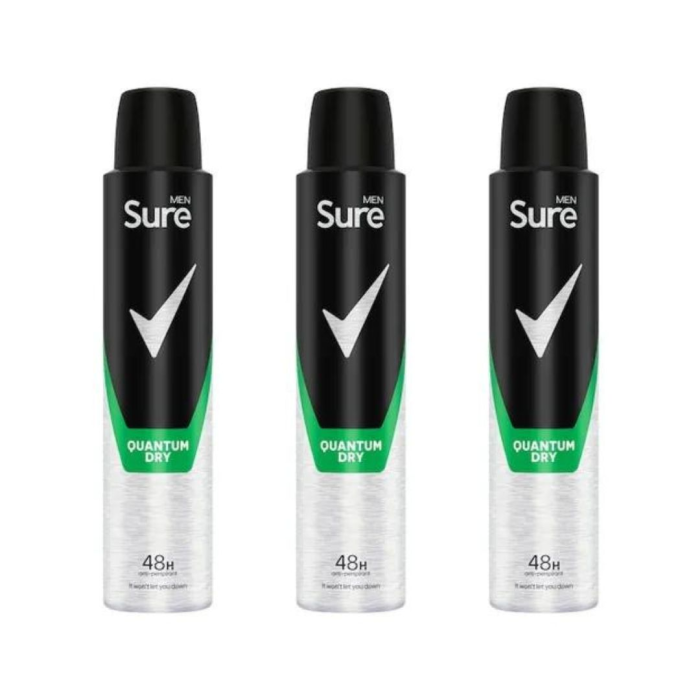 Sure Men Quantum Dry Antiperspirant Deodorant Aerosol 200ml - Pack of 3