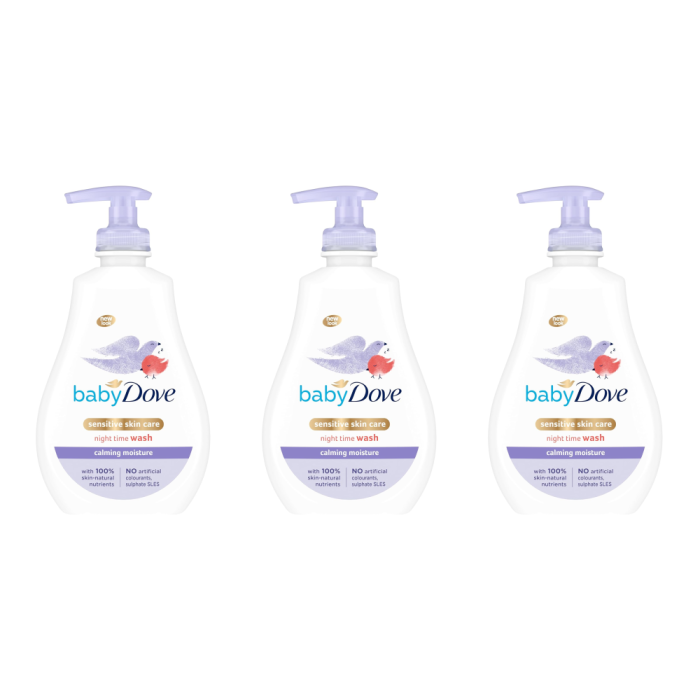 Baby Dove Calming Moisture Night Time Wash 400ml pump bottle on a bathroom shelf
