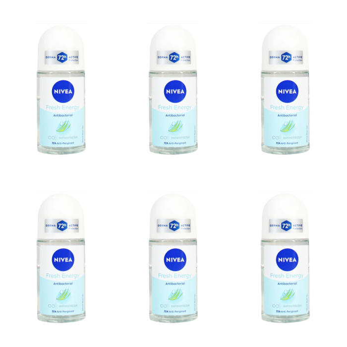 Nivea 72h Fresh Energy Antibacterial Roll On Deodorant 50ml - Pack of 6