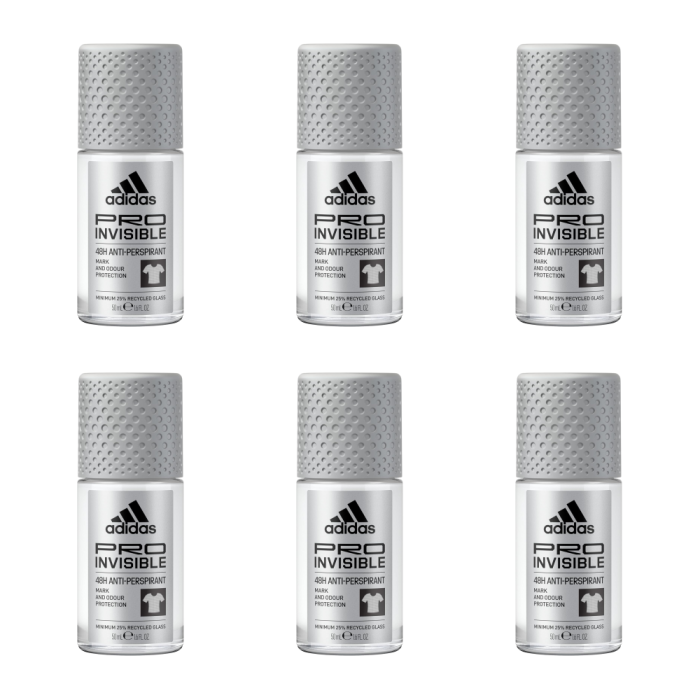 Adidas Pro Invisible Antiperspirant Roll-On Deodorant for Men 50ml - Pack of 6