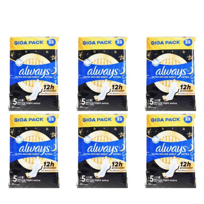 Always Ultra Secure Night Extra Size 5 Sanitary Towels with Wings 22 Count - Pack of 6