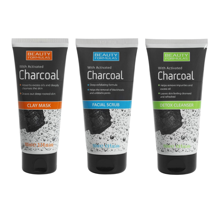 Beauty Formulas Activated Charcoal Detox Bundle – Cleanser 150ml, Facial Scrub 150ml & Clay Mask 100ml