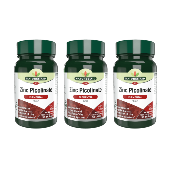 Natures Aid Zinc Picolinate Elemental 15mg 30 Tablets - Pack of 3