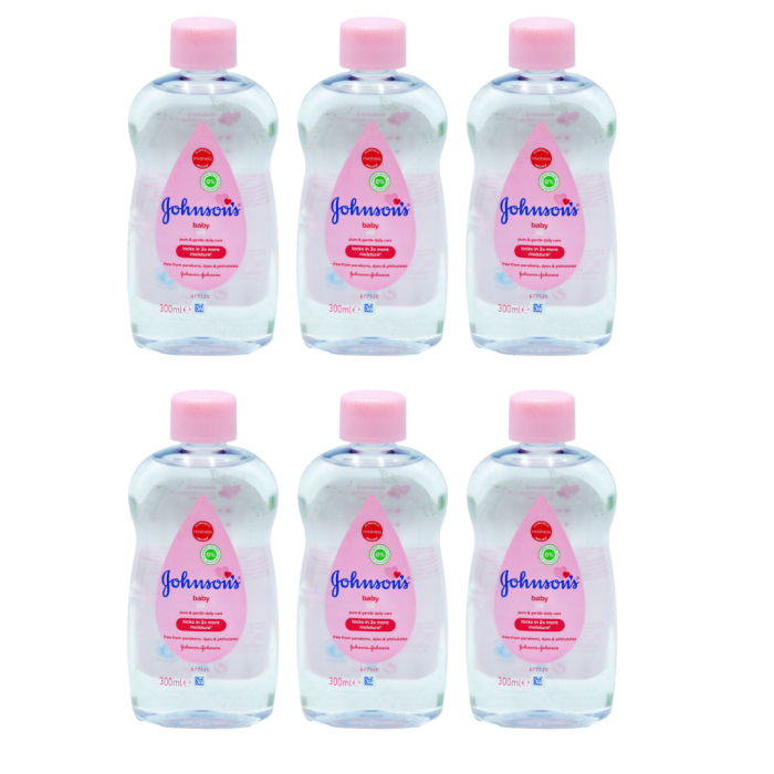 Johnson's Baby Oil Pure and Gentle Daily Care 300ml bottle on a clean nursery shelf
