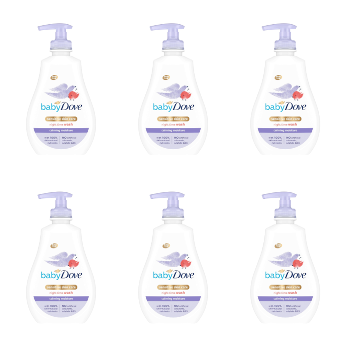 Baby Dove Calming Moisture Night Time Wash 400ml pump bottle on a bathroom shelf

