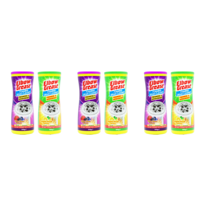 Elbow Grease Foaming Drain Cleaner 500g tub on a bathroom shelf beside the sink
