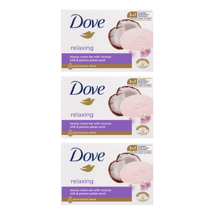 Dove Coconut and Jasmine Petals Moisturizing Soap Bar 4 × 90g multipack on white background
