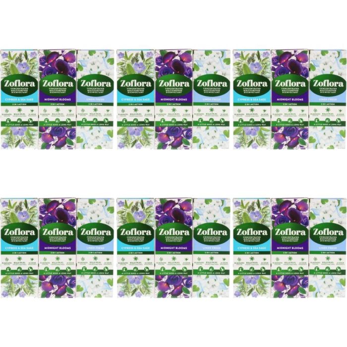 Zoflora Cypress & Sea Sage, Midnight Blooms & Linen Fresh Concentrated Multipurpose Disinfectant 120ml Each - Pack of 6