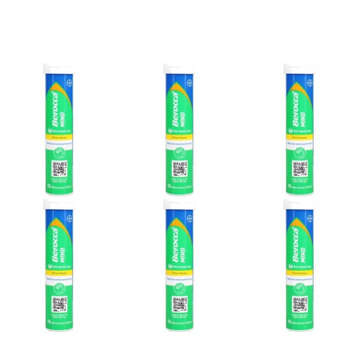 Berocca Mind Citrus Flavour Effervescent Tablets – 15 Count - Pack of 6