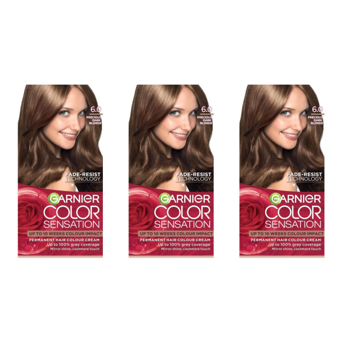 Garnier Color Sensation 6.0 Precious Dark Blonde Permanent Hair Dye - Pack of 3