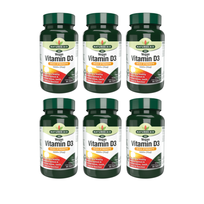 Natures Aid Vegan Vitamin D3 1000IU for Immune System 60 Tablets - Pack of 6