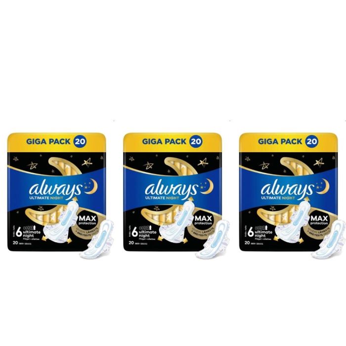 Always Ultimate Night Sanitary Pads Size 6 with Wings 20 Count - Pack of 3