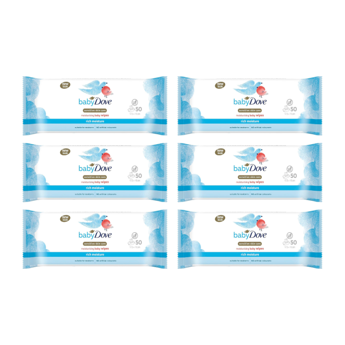 Dove Baby Rich Moisture Moisturising Baby Wipes 50s pack on a clean nursery changing table
