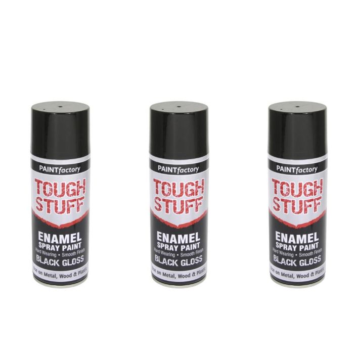 Paint Factory Tough Stuff Black Gloss Enamel Spray 400ml - Pack of 3