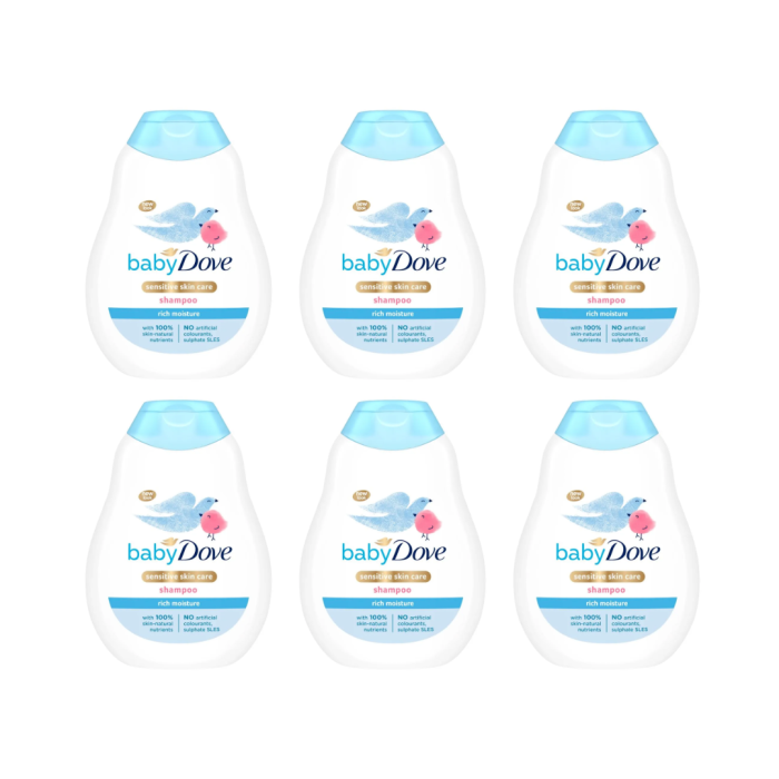 Dove Baby Rich Moisture Sensitive Skin Care Shampoo 200ml bottle on a bathroom shelf
