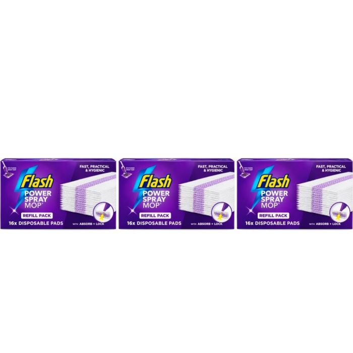 Flash Power Spray Mop Refill Pack 16 Disposable Pads - Pack of 3