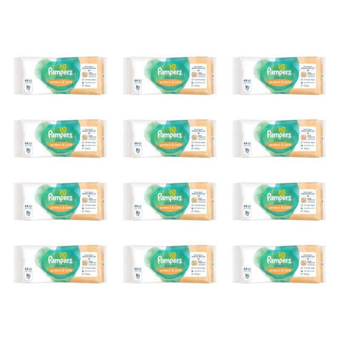 Pampers Harmonie Protect and Care Baby Wipes 44s pack on a clean nursery shelf
