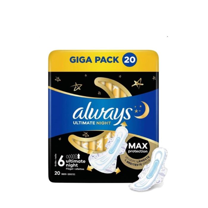 Always Ultimate Night Sanitary Pads Size 6 with Wings 20 Count