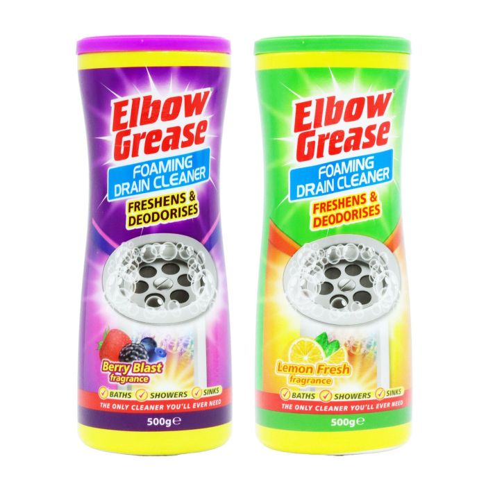 Elbow Grease Foaming Drain Cleaner 500g tub on a bathroom shelf beside the sink
