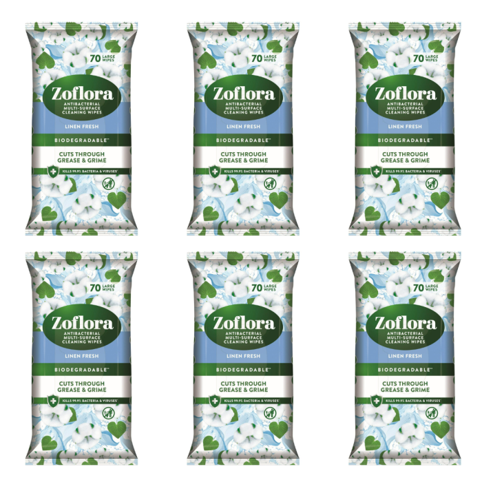 Zoflora Biodegradable Linen Fresh Multi-Surface Disinfectant Wipes 70 - Pack of 6