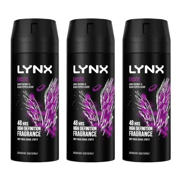 Lynx Excite Men’s Body Spray Deodorant, Coconut & Black Pepper Scent, 150ml - Pack of 3