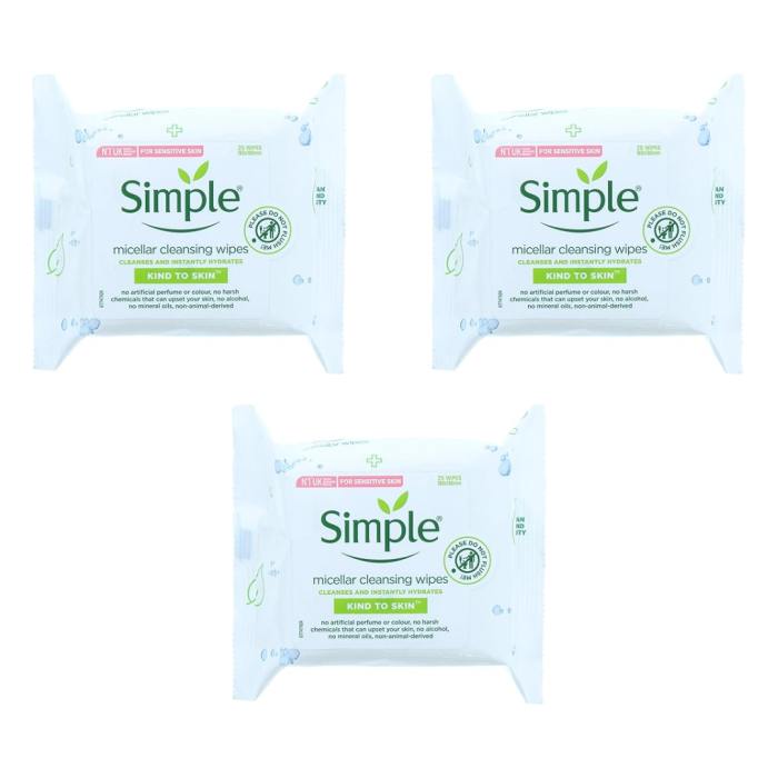 Simple Kind to Skin Micellar Cleansing Wipes 25's - Pack of 3