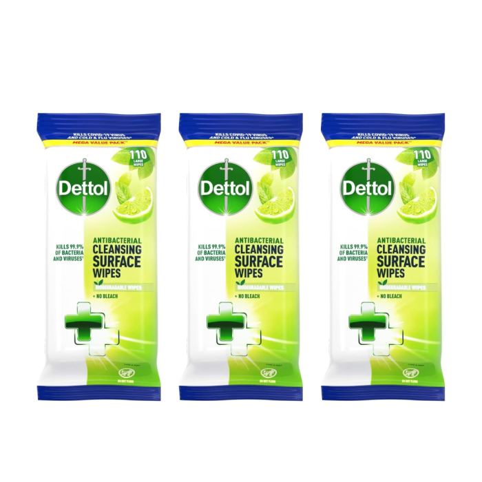 Dettol Antibacterial Cleansing Surface Wipes Lime & Mint 110 Wipes - Pack of 3