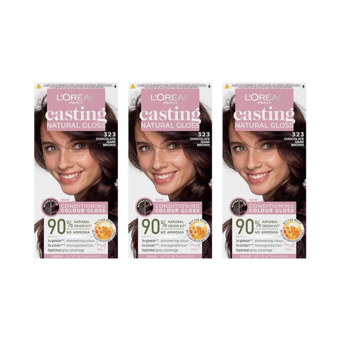 L'Oreal Casting Natural Gloss Permanent Hair Dye Chocolate Dark Brown 323 - Pack of 3