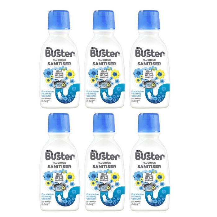 Buster Plughole Sanitiser Eucalyptus Drain Cleaner 300g tub on a bathroom shelf
