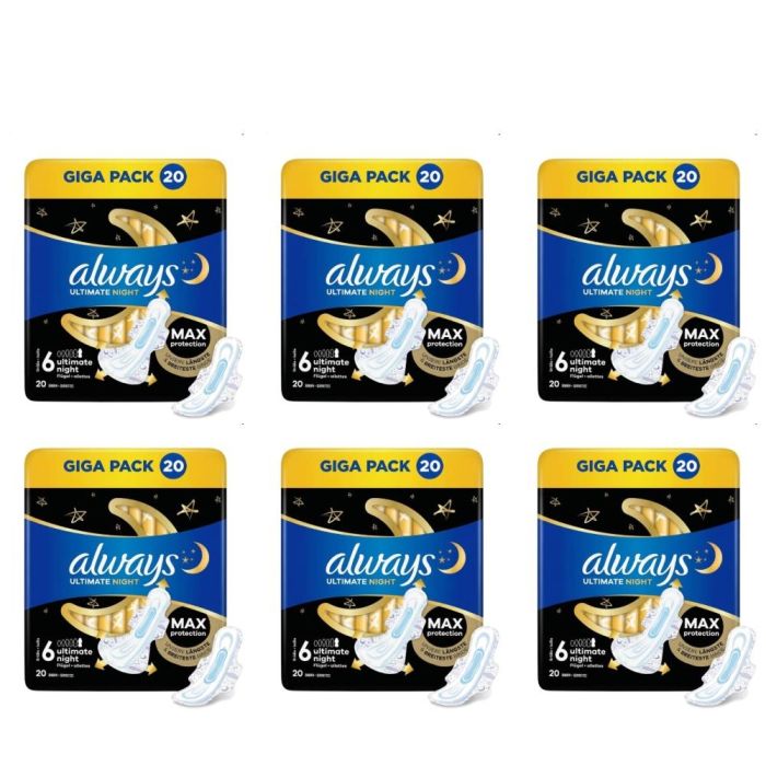 Always Ultimate Night Sanitary Pads Size 6 with Wings 20 Count - Pack of 6
