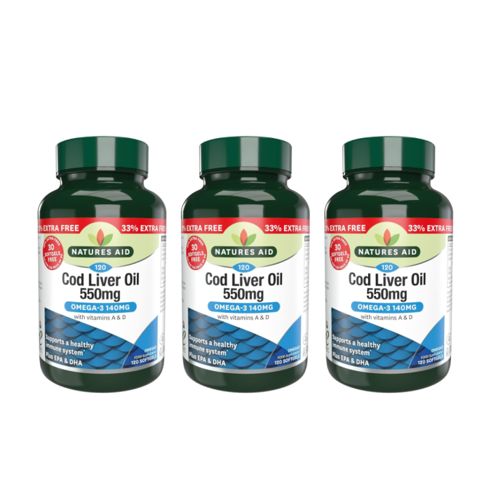 Natures Aid Cod Liver Oil 550mg With Vitamin A & D 120 Softgels - Pack of 3