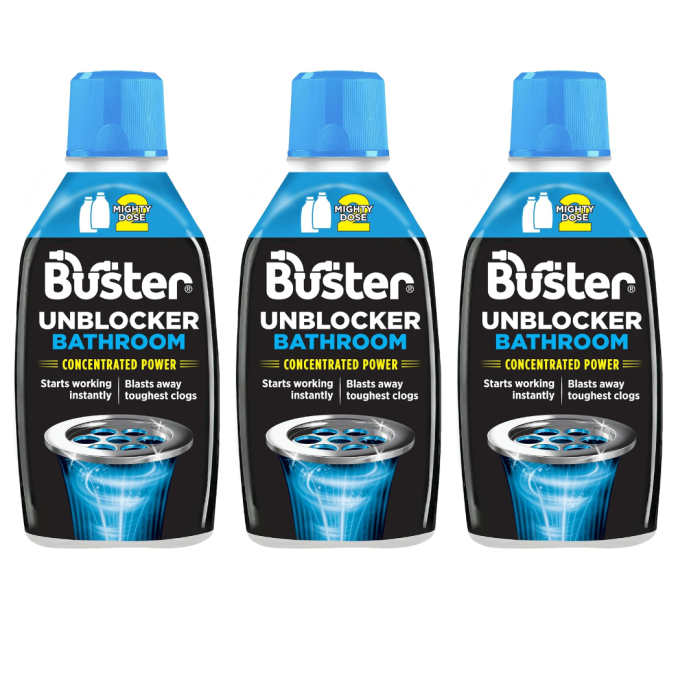 Buster Bathroom Drain Unblocker 600ml fast-acting liquid solution bottle
