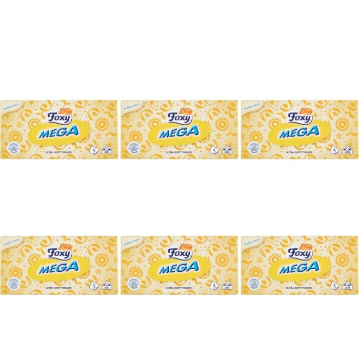 Foxy Mega Ultra Soft Facial Tissues 2 Ply 200 Sheets - Pack of 6