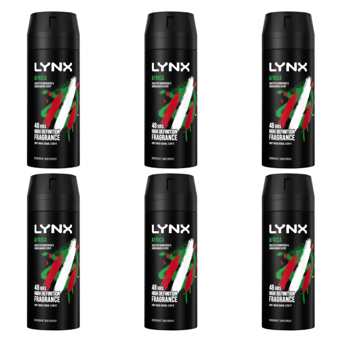 Lynx Africa Mandarin & Sandalwood Men’s Body Spray Deodorant 150ml - Pack of 6
