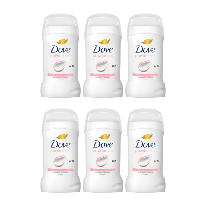 Dove Powder Soft Antiperspirant Deodorant Stick 50 ml - Pack of 6