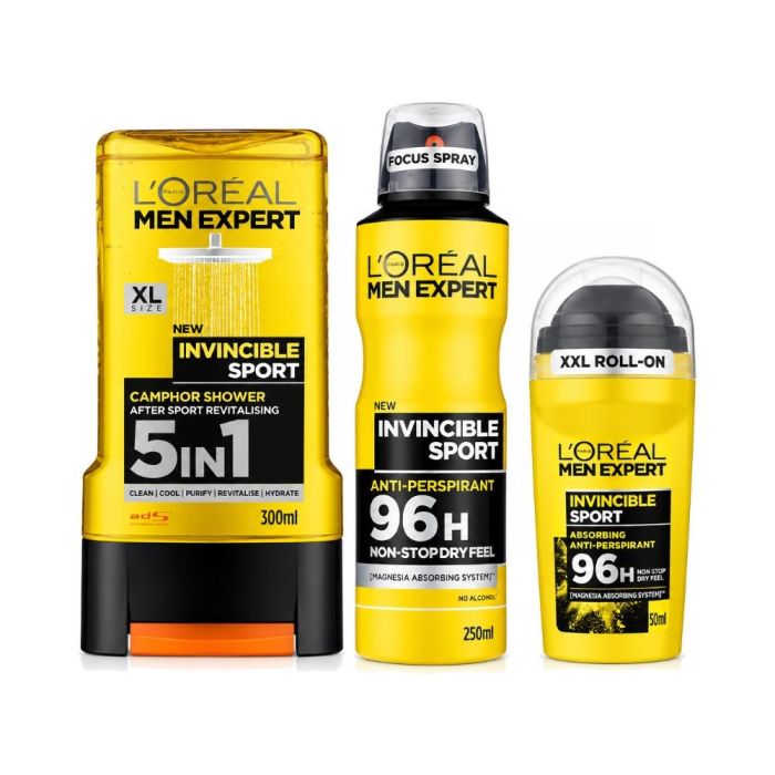 LOreal Men Expert Invincible Sport Bundle – 5-in-1 Shower Gel 300ml, 96H Anti-Perspirant Spray 250ml & Roll-On 50ml