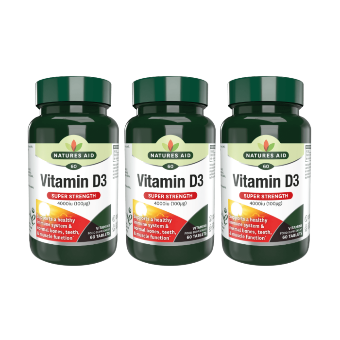 Natures Aid Vitamin D3 Super Strength 4000IU 60 Tablets - Pack of 3