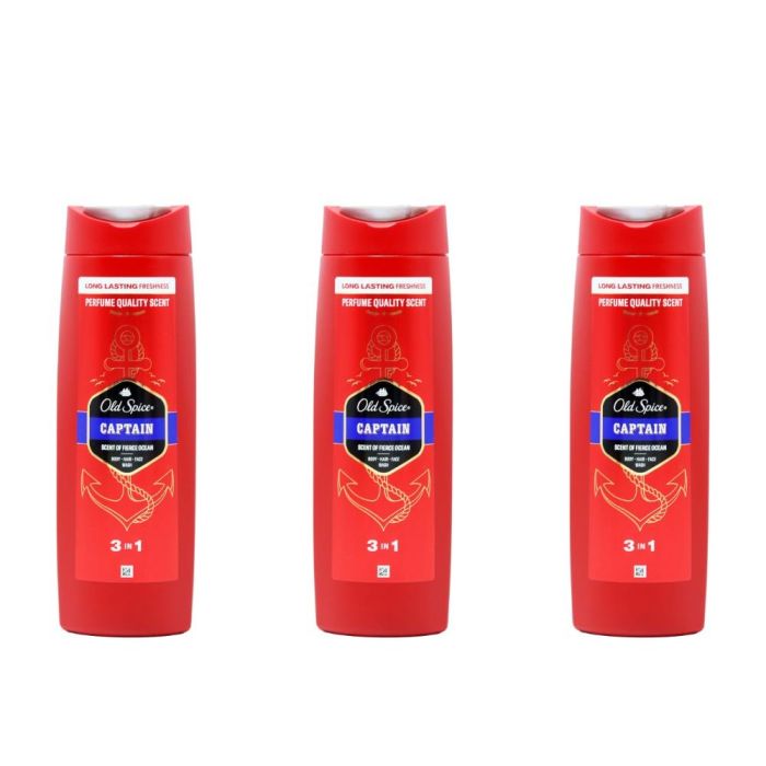 Old Spice Captain 3 in 1 Shower Gel Body Hair & Face Wash 400ml - Pack of 3