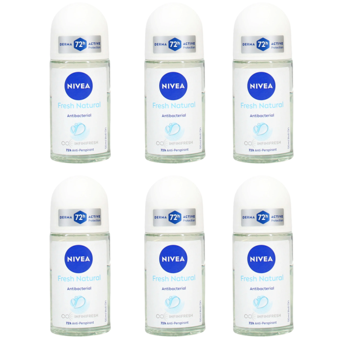 Nivea 72h Fresh Natural Antibacterial Roll On Deodorant 50ml - Pack of 6