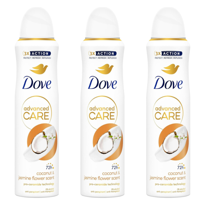 Dove Advanced Care Coconut & Jasmine Antiperspirant Body Spray 150ml - Pack of 3