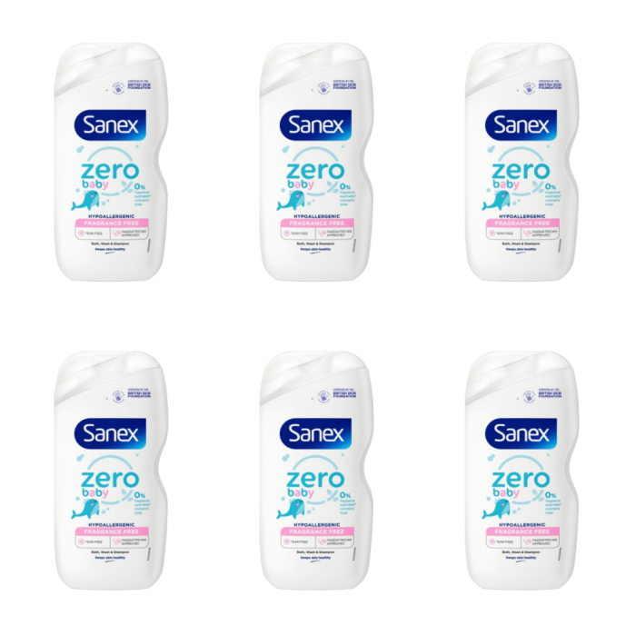 Sanex Zero Fragrance-Free Baby Wash 450ml bottle on a clean bathroom shelf
